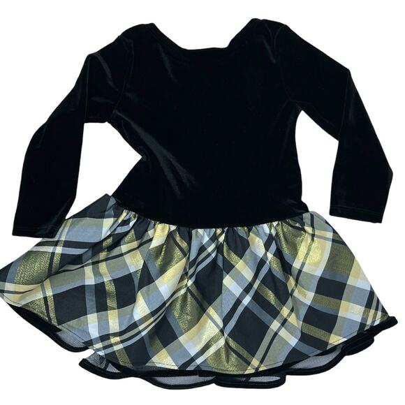 Bonnie Jean Girls 2T Holiday Dress Black Velvet Gold Plaid Bow Party Dress - Picture 5 of 5